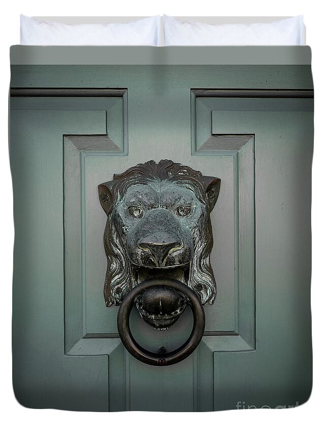 Lion Duvet Cover featuring the photograph Old Lion Brass Door Knocker by Edward Fielding
