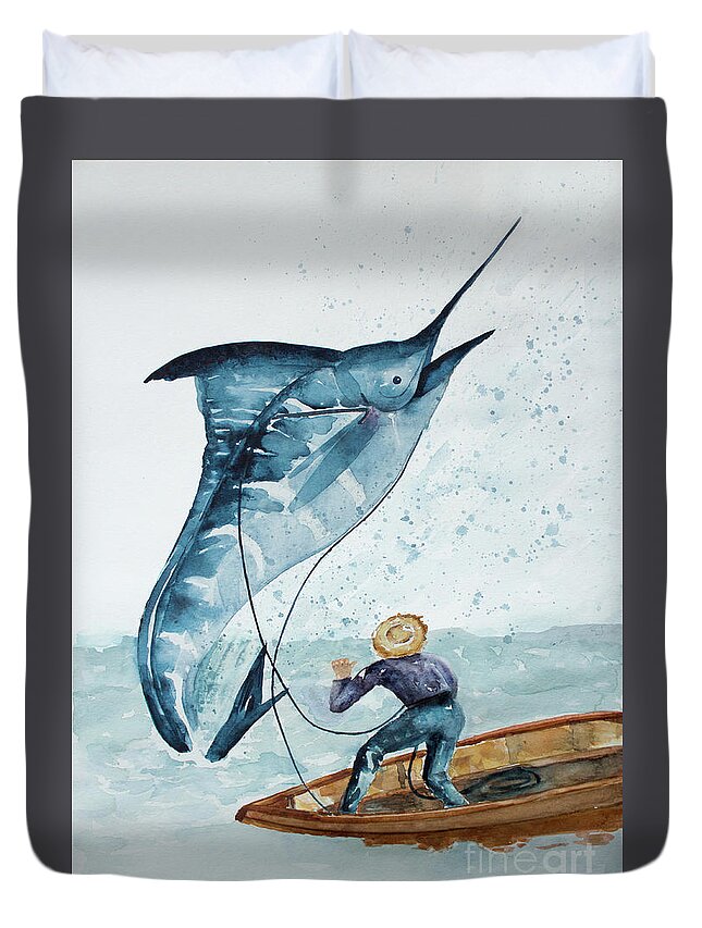 Watercolor Duvet Cover featuring the painting Old Man and The Sea by Barbara McMahon