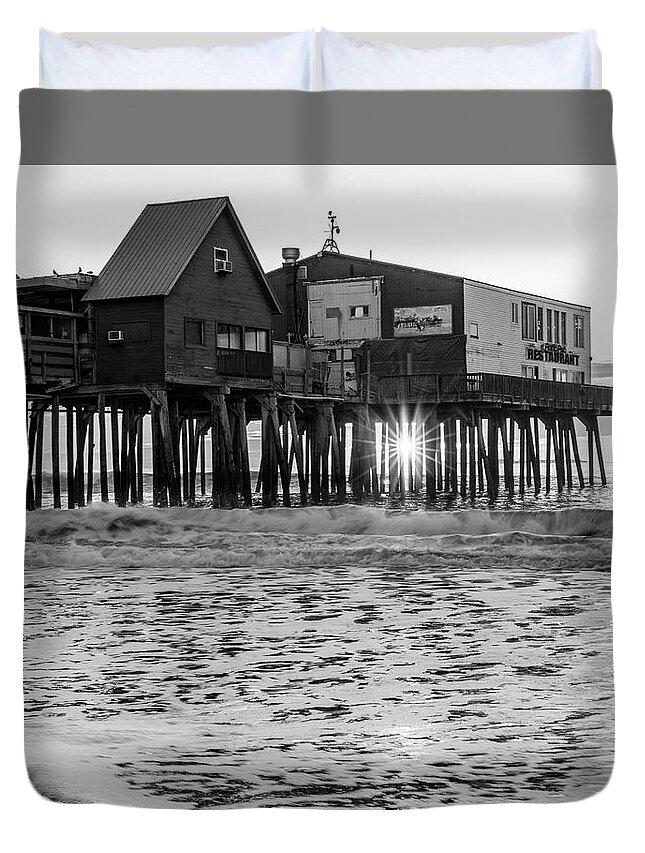 Old Orchard Pier Sunrise Black And White Duvet Cover featuring the photograph Old Orchard Pier Sunrise Black And White by Dan Sproul