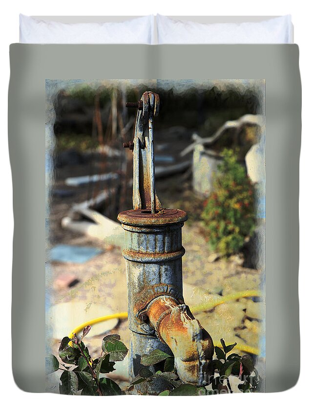 Garden Duvet Cover featuring the mixed media Old Pump in Garden by Kae Cheatham