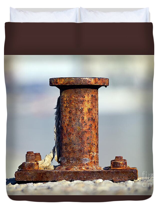 Bollard; Old; Rust; Rusty; Corrosion; Corroded Duvet Cover featuring the photograph Old rusty bollard by George Atsametakis