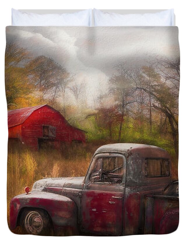 Barns Duvet Cover featuring the photograph Old Rusty Truck along the Autumn Backroads Painting by Debra and Dave Vanderlaan