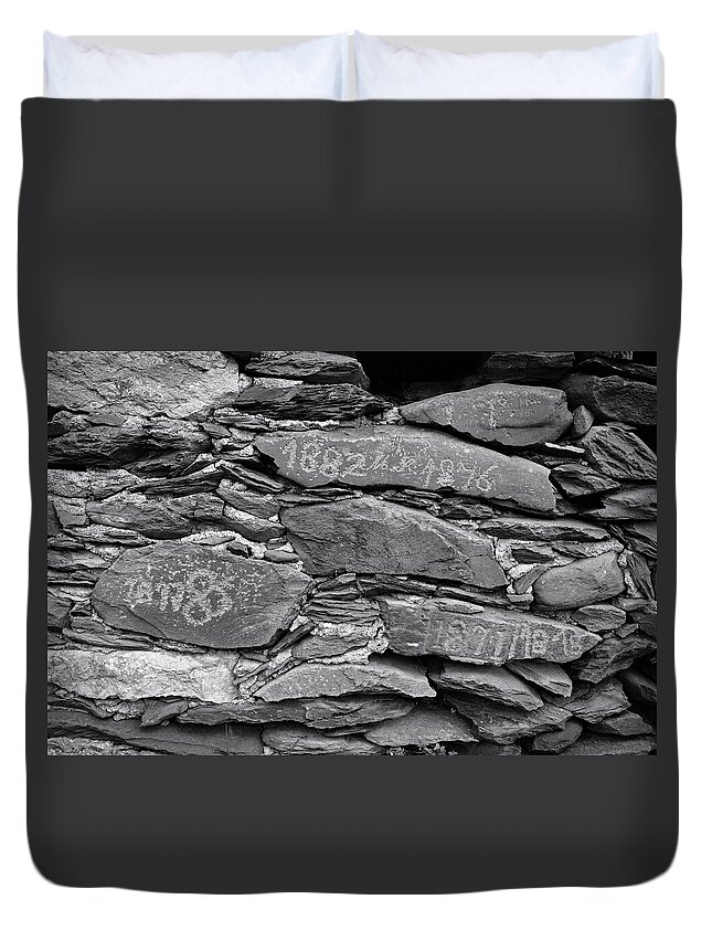 Stone Wall Duvet Cover featuring the photograph Old schist wall with several dates from 19th century. Portugal by Angelo DeVal