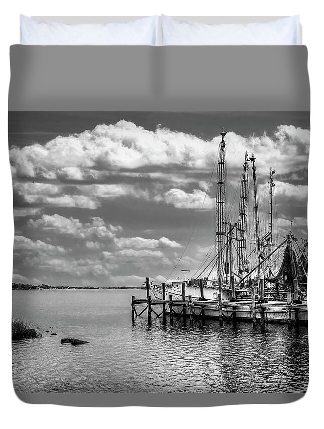 Boats Duvet Cover featuring the photograph Old Shrimp Boats in the Harbor Black and White by Debra and Dave Vanderlaan
