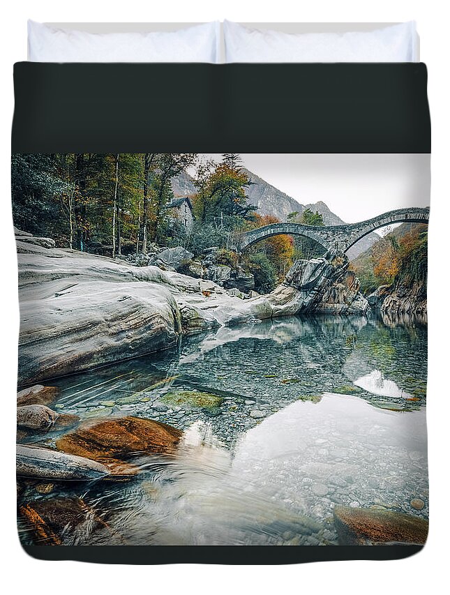 2018 Duvet Cover featuring the photograph Old stone bridge over crystal clear water by Benoit Bruchez