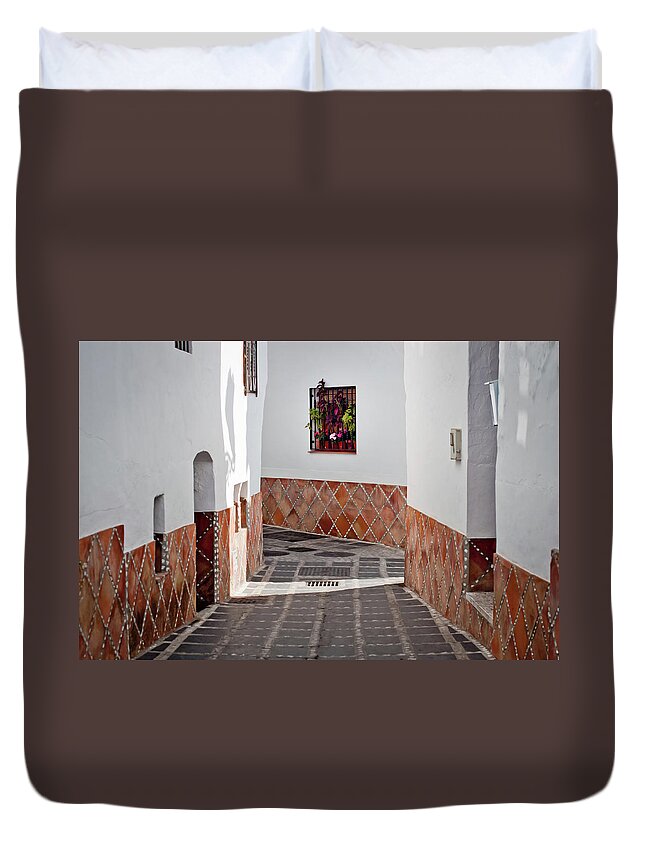 Spain Duvet Cover featuring the digital art Old Street in Competa by Naomi Maya