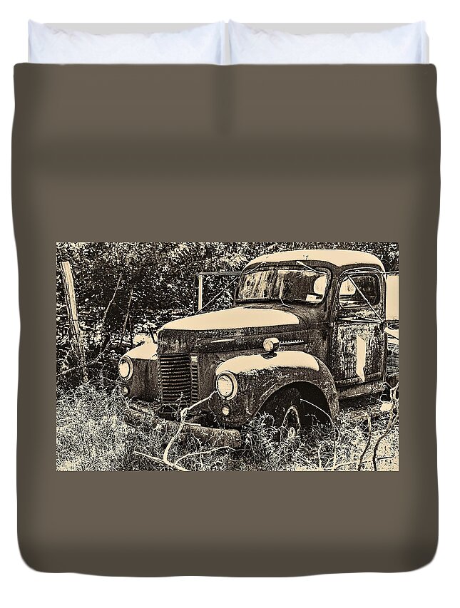 Old Truck Vehicle B&w.sepia Duvet Cover featuring the photograph Old Truck by John Linnemeyer