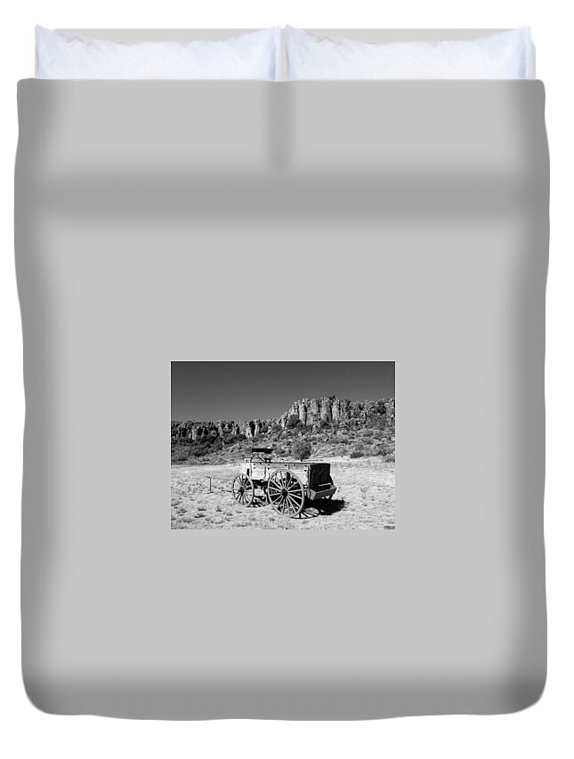 Blackandwhite Duvet Cover featuring the photograph Old West Wagon by Pam Rendall