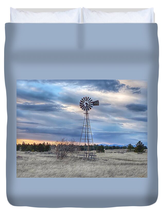 Winter Duvet Cover featuring the photograph Old Windmill at Sunset by Jerry Abbott