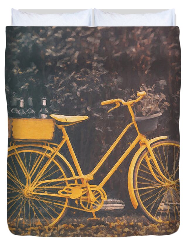 Bicycle Duvet Cover featuring the photograph Old Yellow Bicycle in Garden by Wim Lanclus