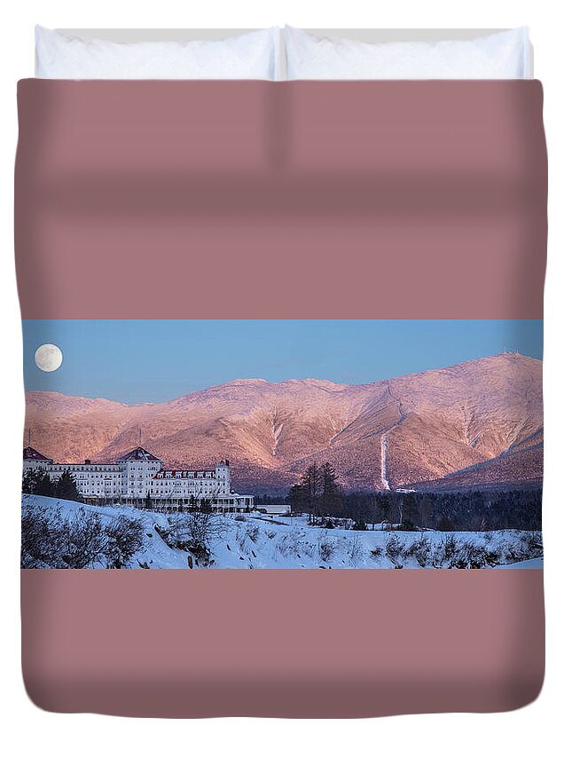 Omni Duvet Cover featuring the photograph Omni Alpenglow Winter Moonrise Panorama by White Mountain Images