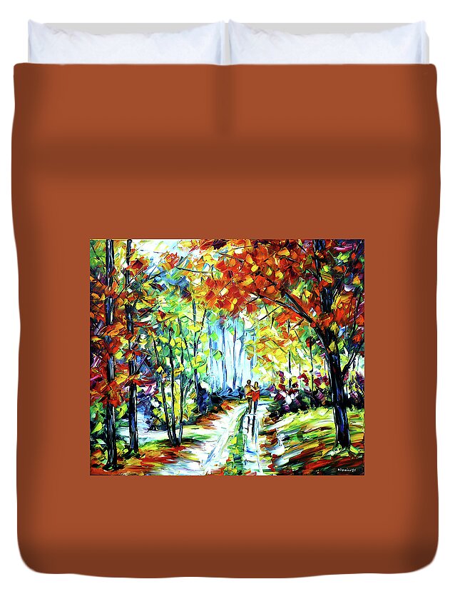 Autumn Walk Duvet Cover featuring the painting On An Autumn Day by Mirek Kuzniar