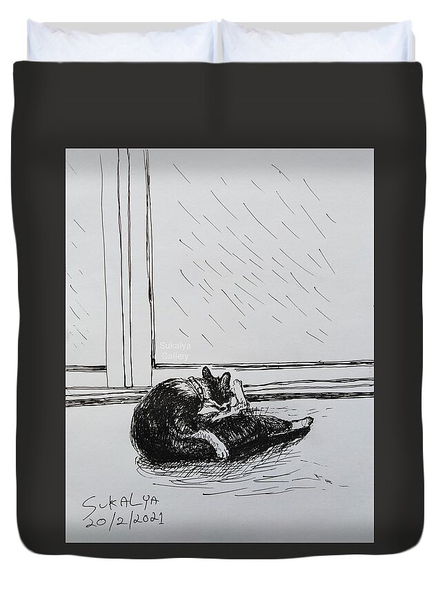 Cat Duvet Cover featuring the drawing On Bath by Sukalya Chearanantana