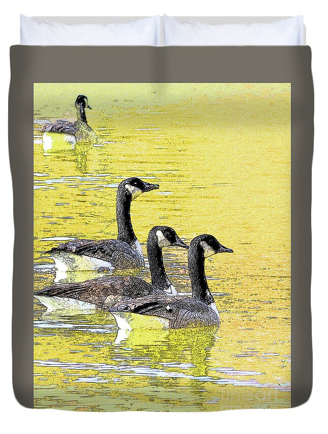 Canadian Geese Duvet Cover featuring the photograph On Golden Pond by Mafalda Cento