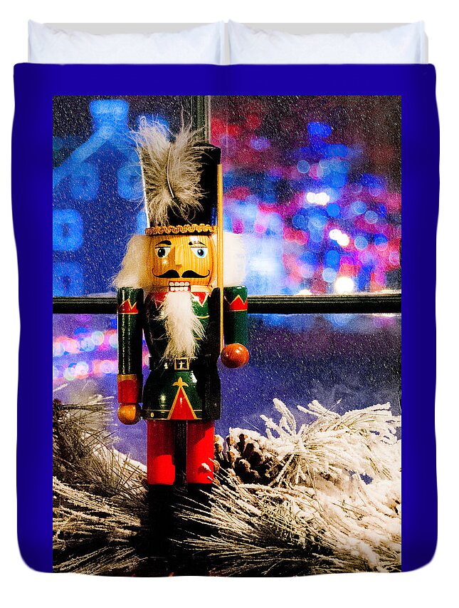 Nutcracker Duvet Cover featuring the mixed media On Guard for Christmas by Moira Law