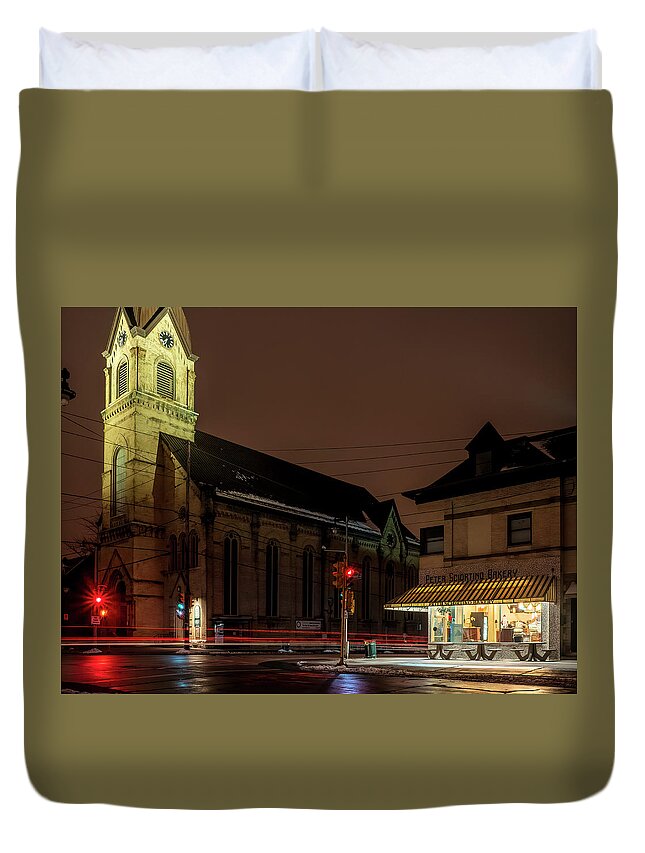 St. Hedwig Church Duvet Cover featuring the photograph On the corner - Brady Street by Kristine Hinrichs