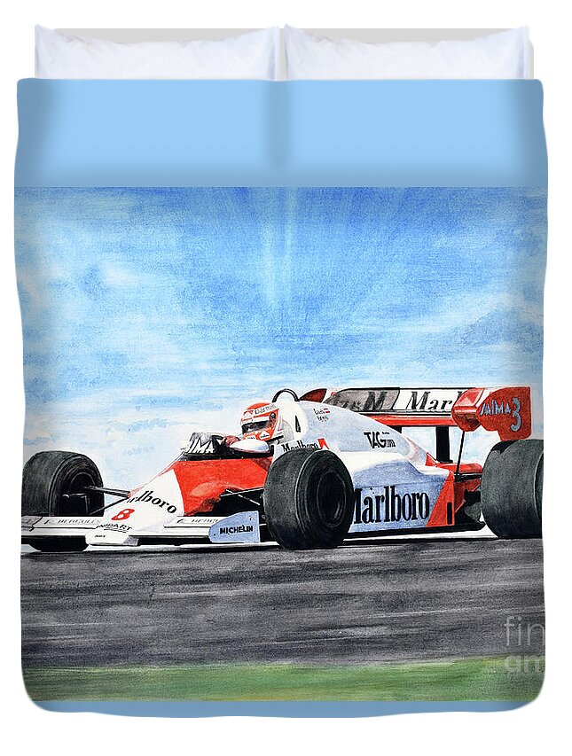 Niki Lauda Duvet Cover featuring the painting On The Top by Oleg Konin