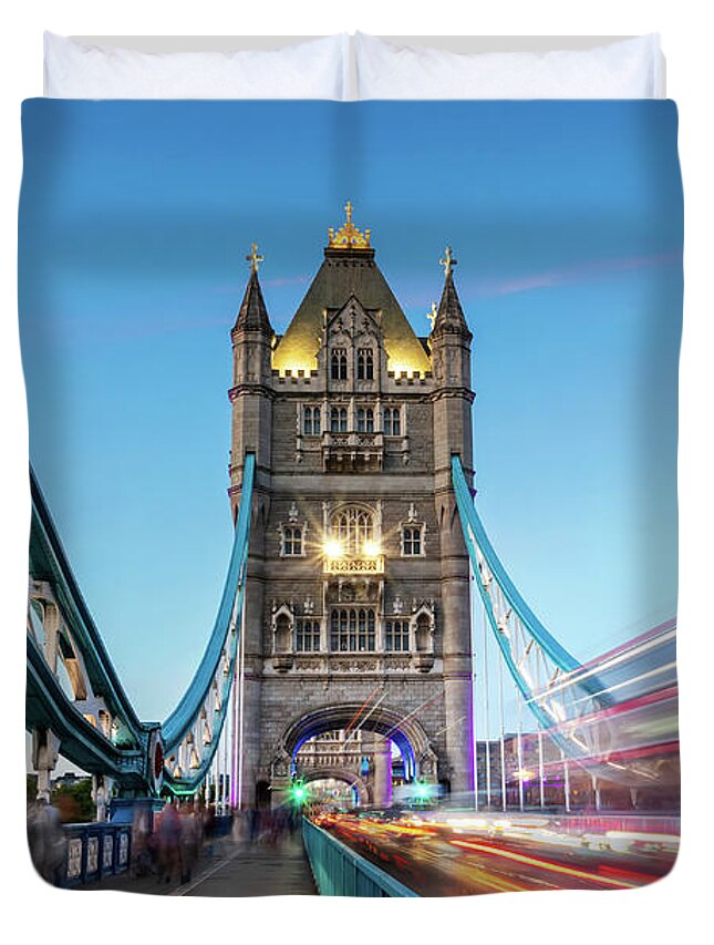 London Duvet Cover featuring the photograph On the Tower Bridge at night, London by Delphimages London Photography