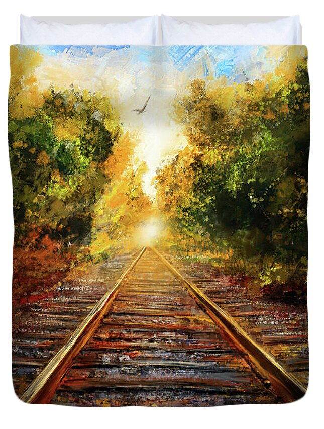Railway Duvet Cover featuring the painting On The Track To Paradise - Railways and Railroad Artwork by Lourry Legarde