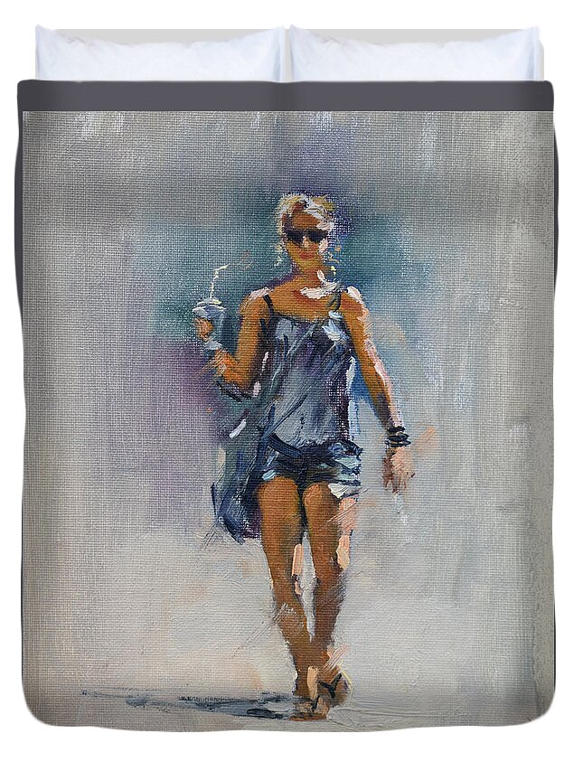 Girl Duvet Cover featuring the painting On the Walk by Ylli Haruni