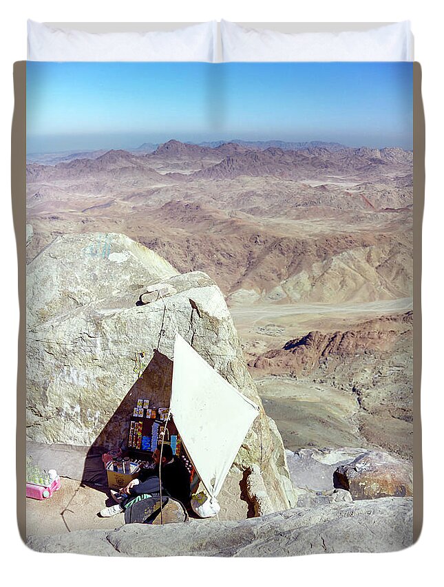 Jabal Musa Duvet Cover featuring the photograph only lonely vendor top of Mount Sinai by Paul Vitko