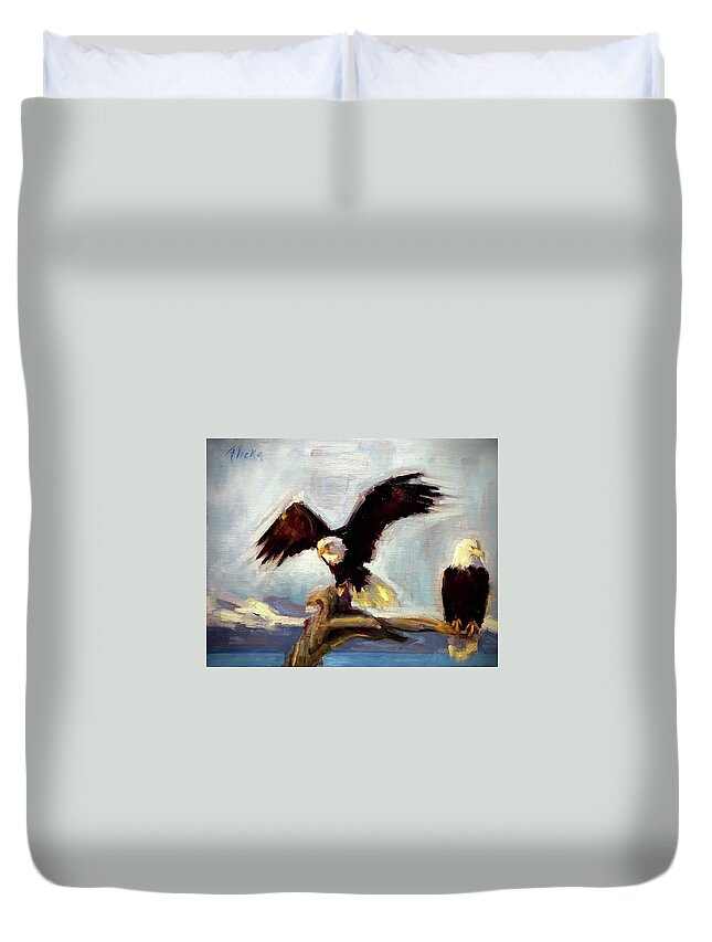Bald Eagle Duvet Cover featuring the painting On top of the world by Ashlee Trcka