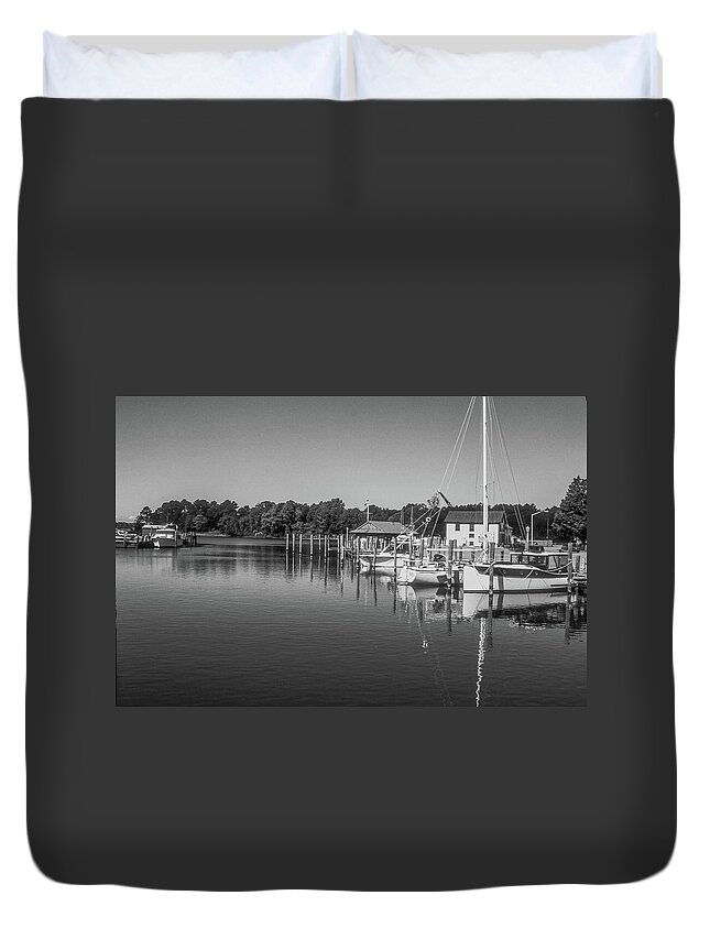 Onancock Duvet Cover featuring the photograph Onancock Wharf in Black and White by James C Richardson