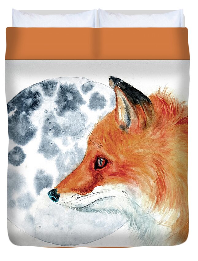 Fox Duvet Cover featuring the painting Once in a Blue Moon by Jeanette Mahoney