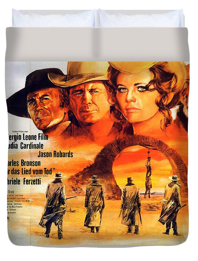 Once Duvet Cover featuring the mixed media ''Once Upon a Time in the West'', with Jason Robards, 1968 by Movie World Posters