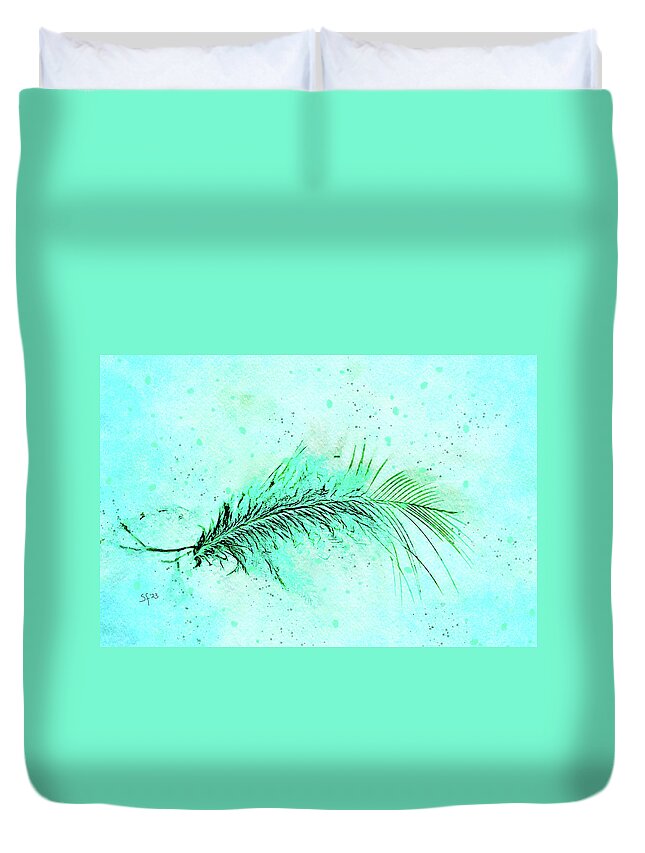 Feather Duvet Cover featuring the digital art One Aqua Blue Feather Minimalist Watercolor by Shelli Fitzpatrick