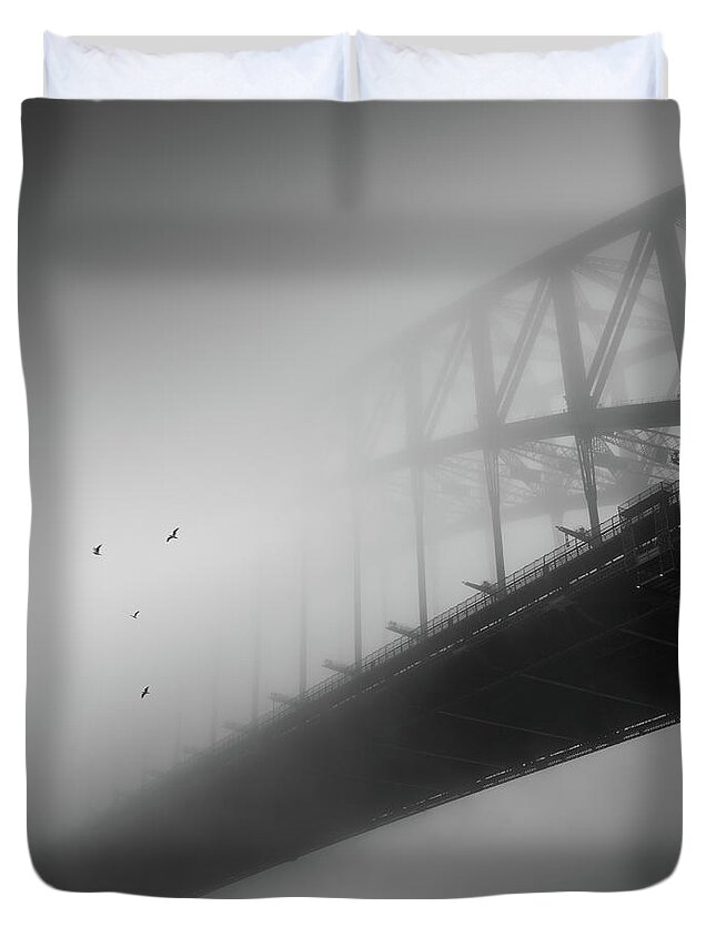 Monochrome Duvet Cover featuring the photograph One Morning at the Bridge by Grant Galbraith
