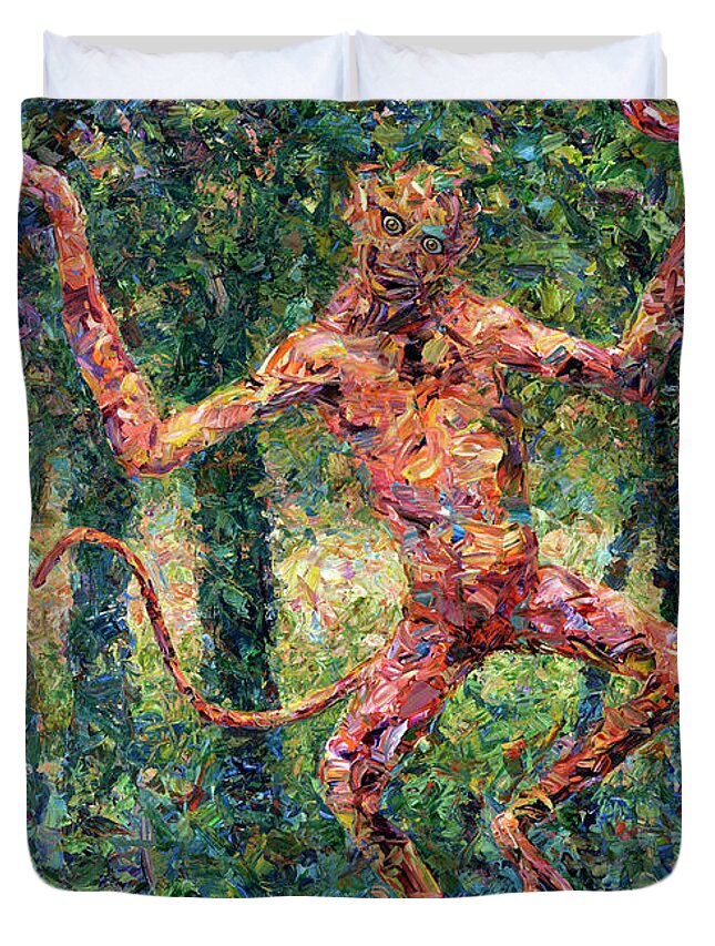 Monkey Duvet Cover featuring the painting Only a Crazy Monkey dances on a Tiger's Head by James W Johnson