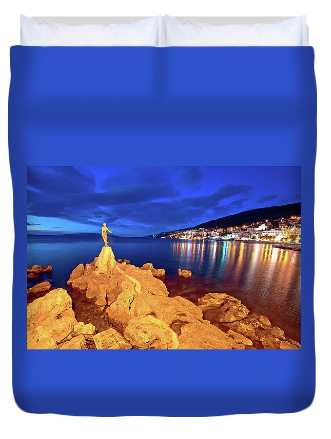 Opatija Duvet Cover featuring the photograph Opatija bay statue and waterfront at sunset view by Brch Photography