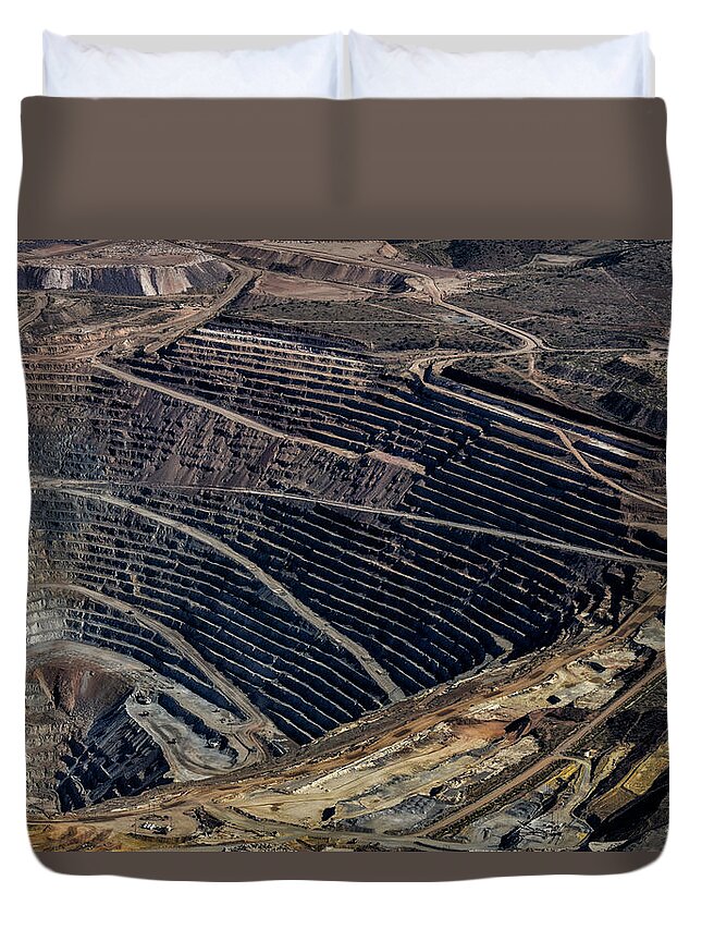 Fstop101 Landscape Green Blue Open Pit Copper Mine Bagdad Arizona Mountains Clouds Acid Aerial Duvet Cover featuring the photograph Open Pit Copper Mine at Bagdad Arizona by Gene Lee