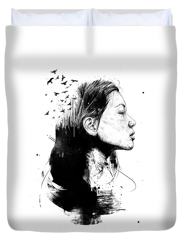 Girl Duvet Cover featuring the drawing Open your mind by Balazs Solti