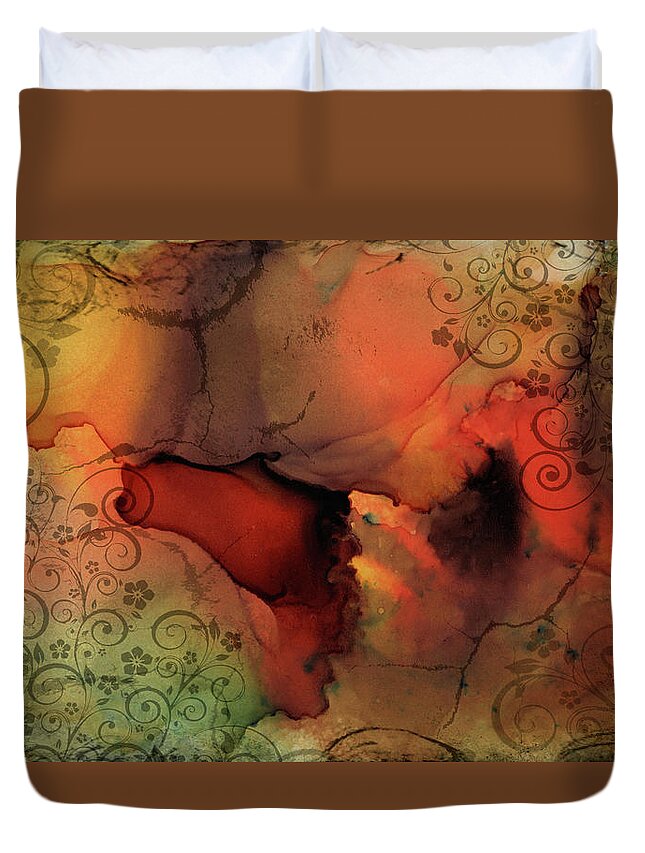 Abstract Duvet Cover featuring the mixed media Orange Abstract 60 by Lucie Dumas