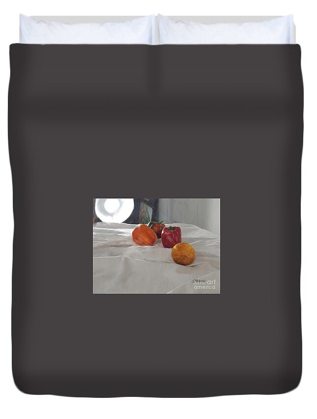 Bell Peppers Duvet Cover featuring the digital art Orange and Bell Peppers. by Joe Roache