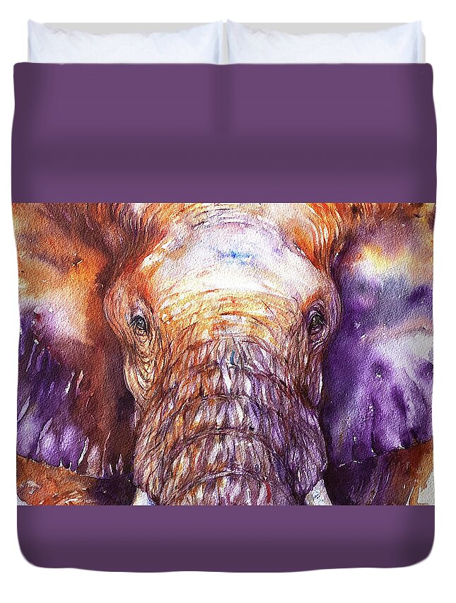 Elephant Duvet Cover featuring the painting Orange and Purple Elephant by Arti Chauhan