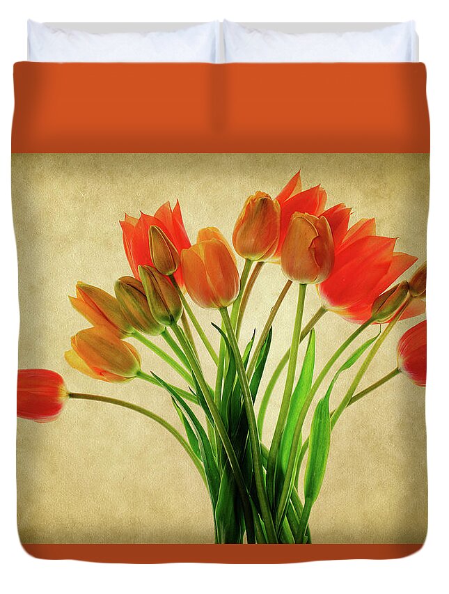 Tulips Duvet Cover featuring the photograph Orange and Yellow Tulips by Rebecca Cozart
