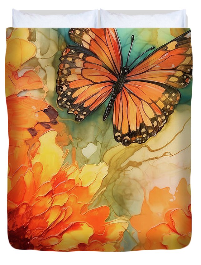 Butterfly Duvet Cover featuring the painting Orange Butterfly Bliss by Tina LeCour