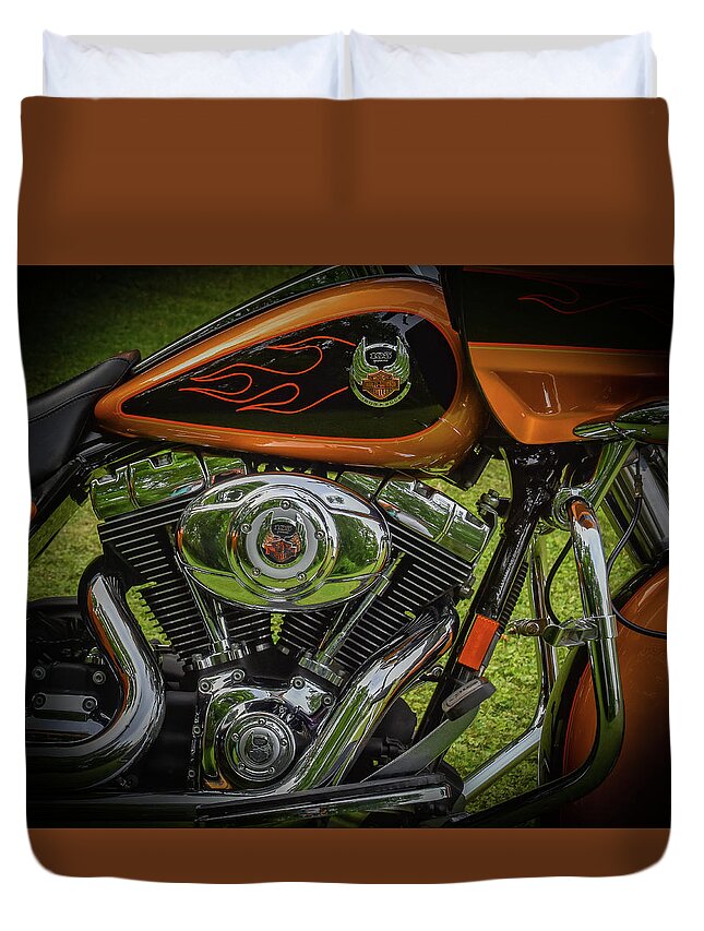 Harley Duvet Cover featuring the photograph Orange Harley by Michelle Wittensoldner