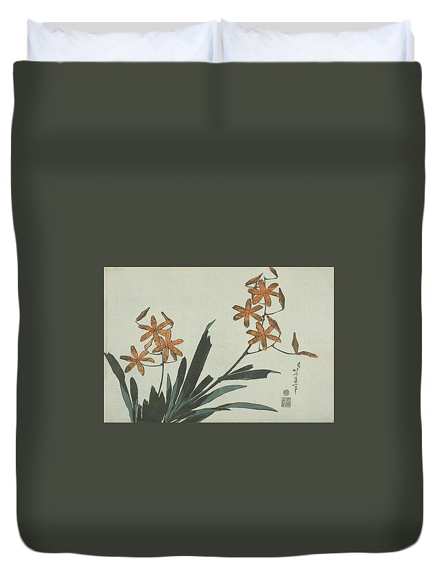 19th Century Art Duvet Cover featuring the relief Orange Orchids, from an untitled series of flowers by Katsushika Hokusai