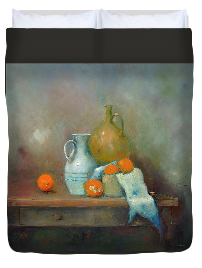 Still Life Duvet Cover featuring the painting Orange Peel by Roger Clarke
