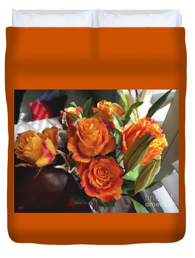 Flowers Duvet Cover featuring the photograph Orange Roses by Brian Watt