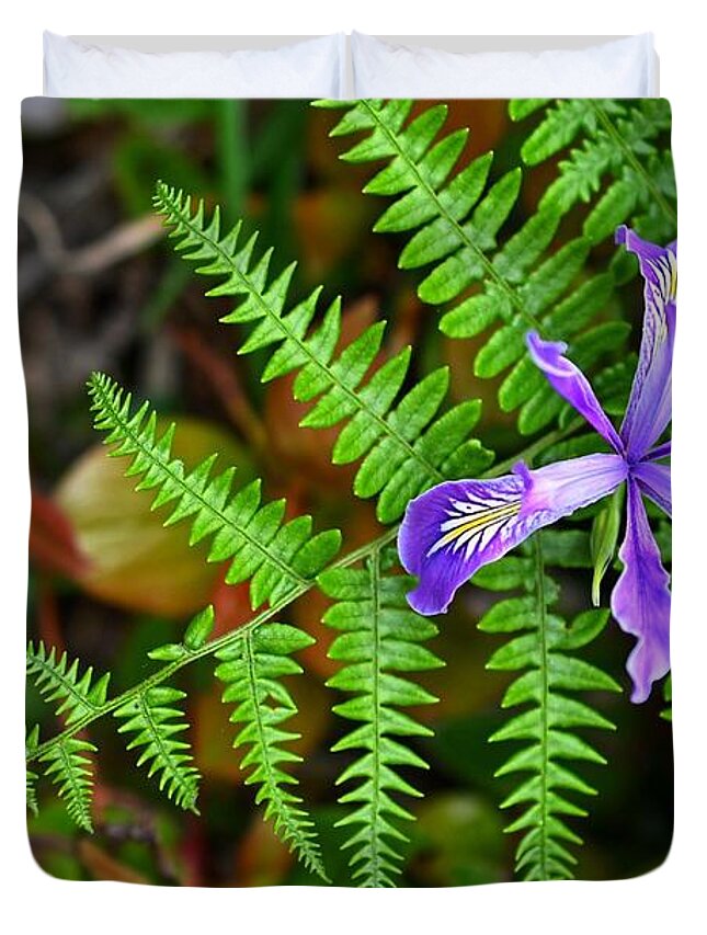 Fern Duvet Cover featuring the photograph Oregon Iris and Fern by Bonnie Bruno