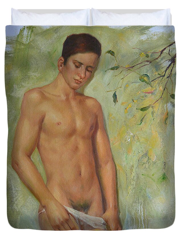Original. Oil Painting Art Duvet Cover featuring the painting Original man oil painting gay body art-young male nude in the autumn by Hongtao Huang