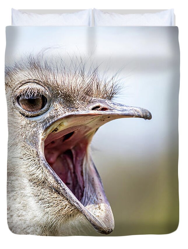 Ostrich Duvet Cover featuring the photograph Ostrich with mouth wide open by Michal Bednarek