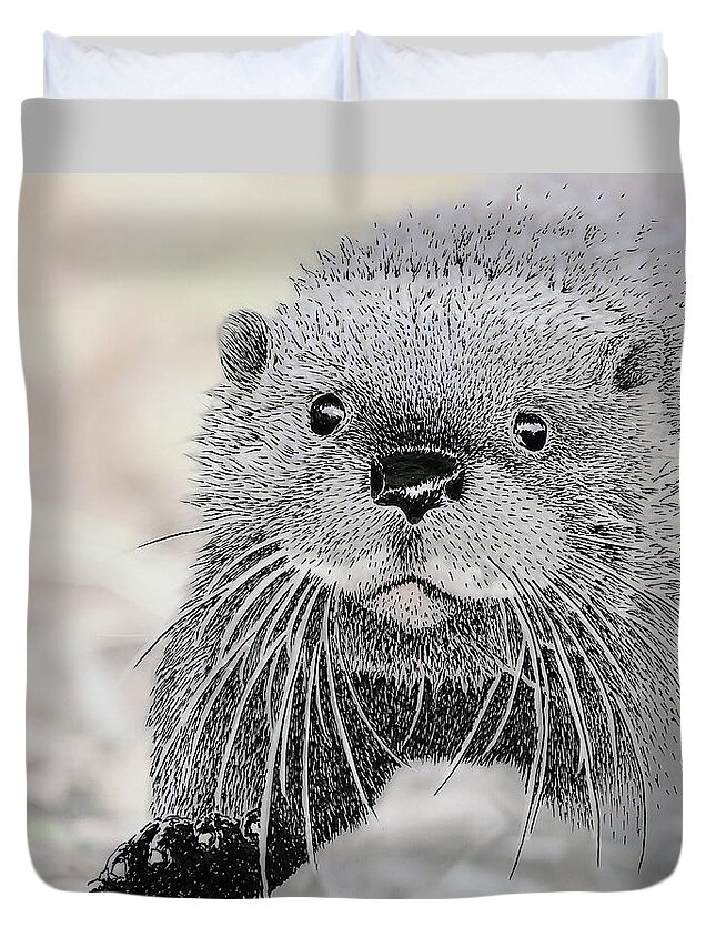 Otter Duvet Cover featuring the mixed media Otter approaching, mixed media. by Tony Mills