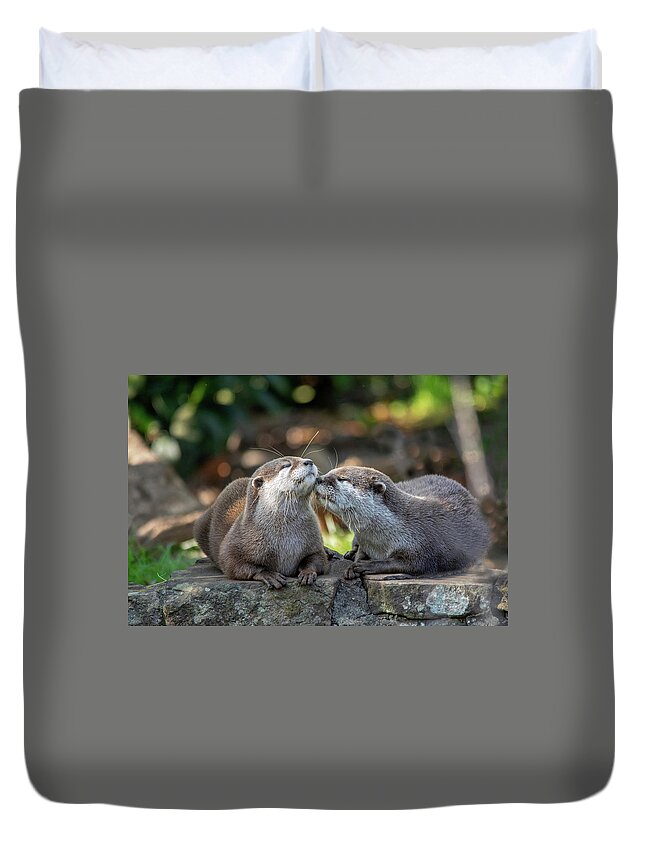 Otter Duvet Cover featuring the photograph Otters kissing by Gareth Parkes