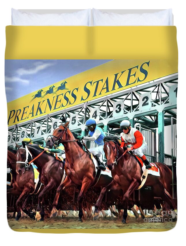 Preakness Stakes Duvet Cover featuring the digital art Out Of The Gate by CAC Graphics